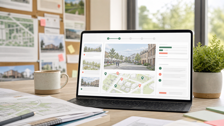 Virtual public exhibition interface showing planning boards, map feedback and consultation documents