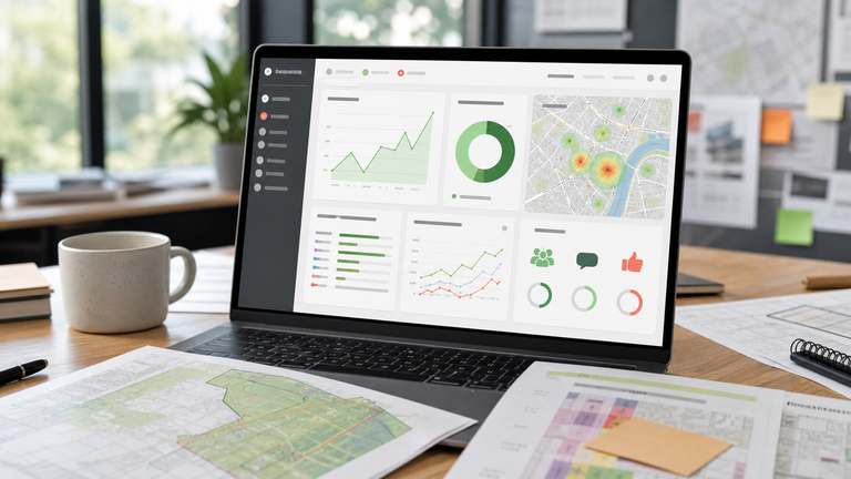 Real-time consultation analytics dashboard with charts, participation metrics and map heat spots