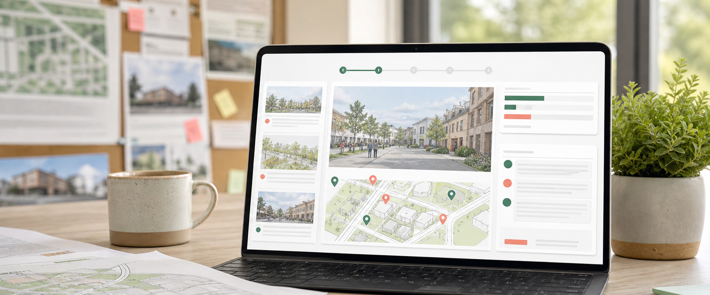 Virtual public exhibition interface showing planning boards, map feedback and consultation documents