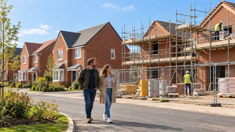 A new-build housing site with scaffolding next to finished homes, under a clear sky