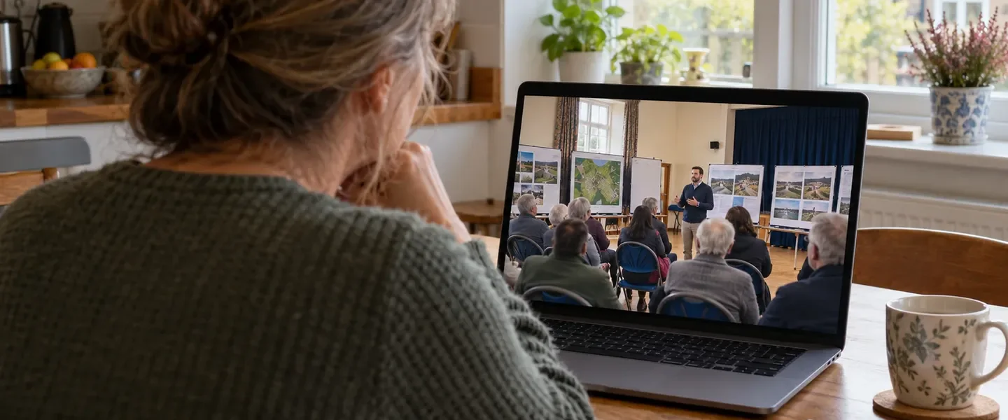 A person at a kitchen table on a video call, with a community hall event on the screen