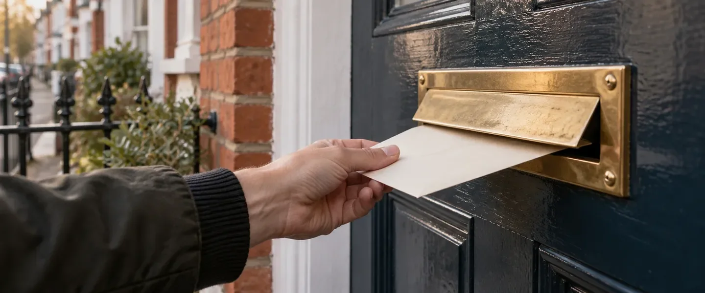 A letter being pushed through the letterbox of a British terraced house