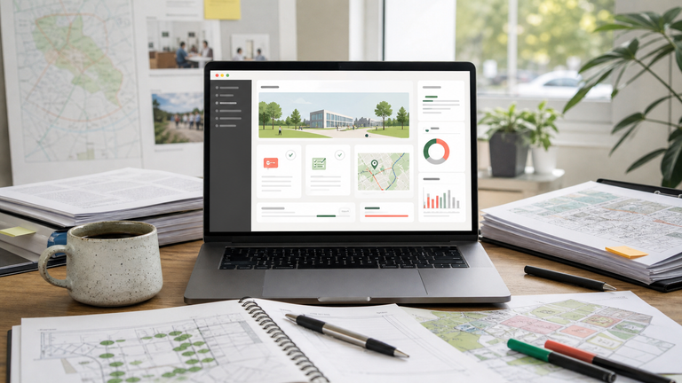 Online consultation dashboard with survey cards, maps, analytics and planning documents