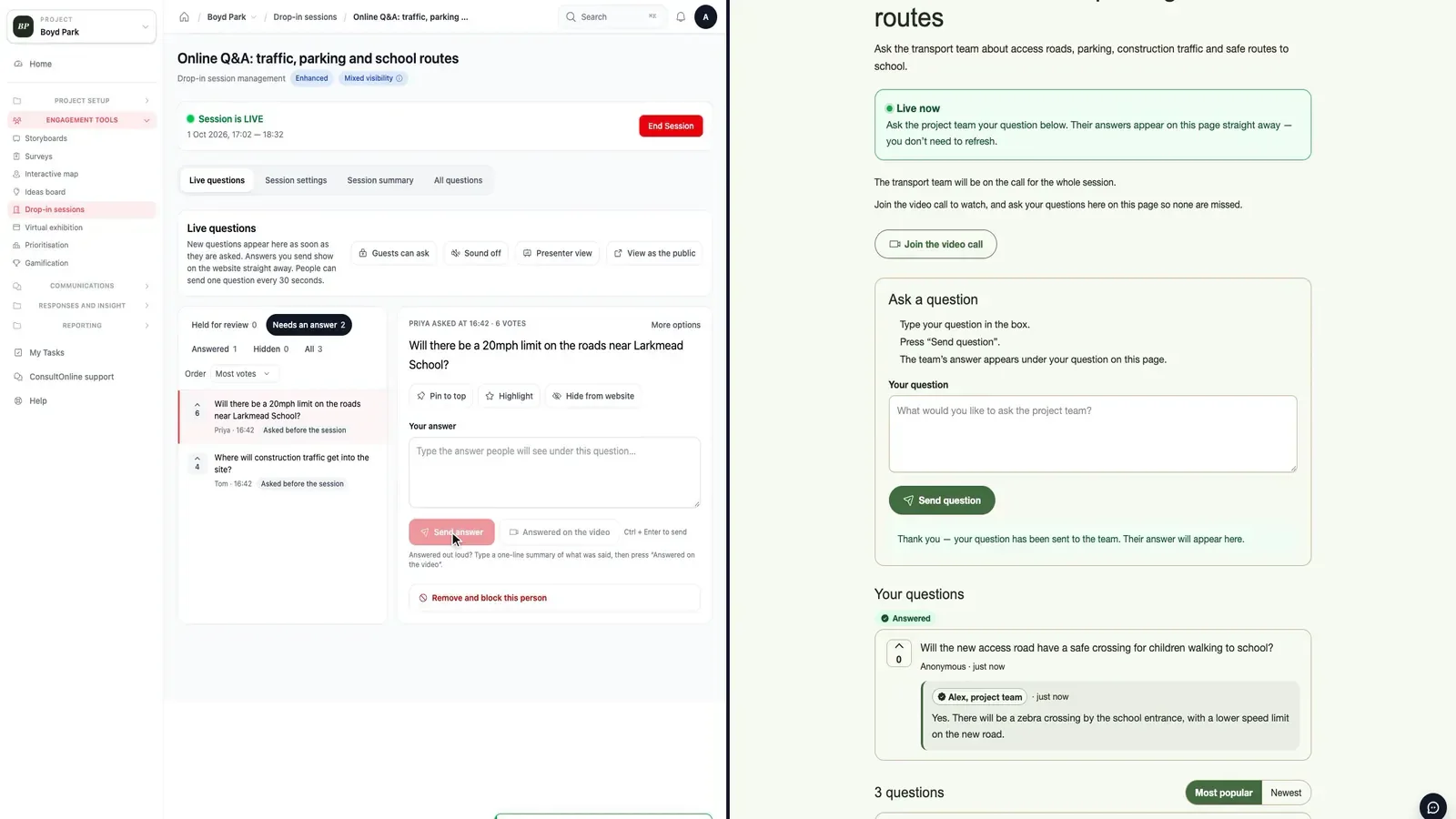 A live drop-in session: the team answers a question in the dashboard on the left, and the answer appears on the project website on the right