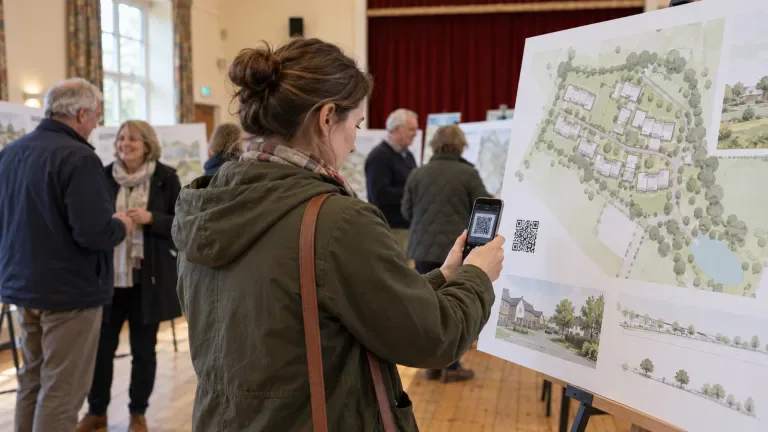 Residents at a village hall drop-in, one person scanning a QR code on an exhibition board with their phone