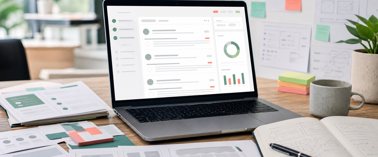 Consultation platform redesign workspace with interface wireframes and product dashboard
