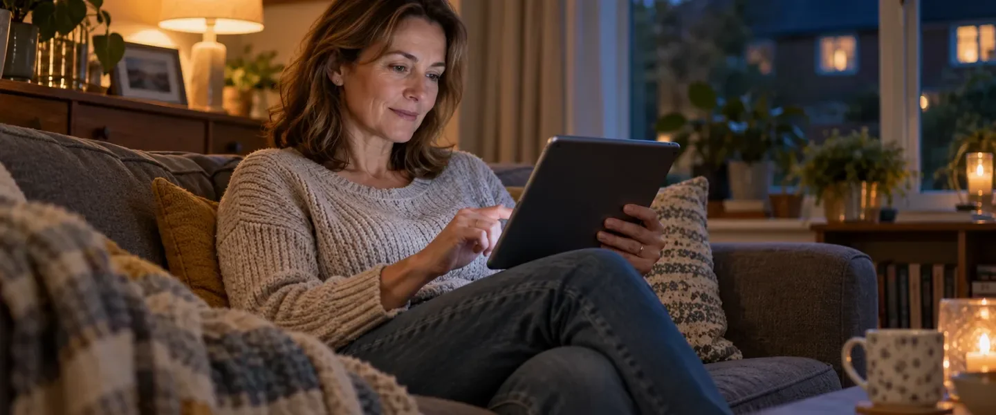 A resident on a sofa at home taking part on a tablet in the evening