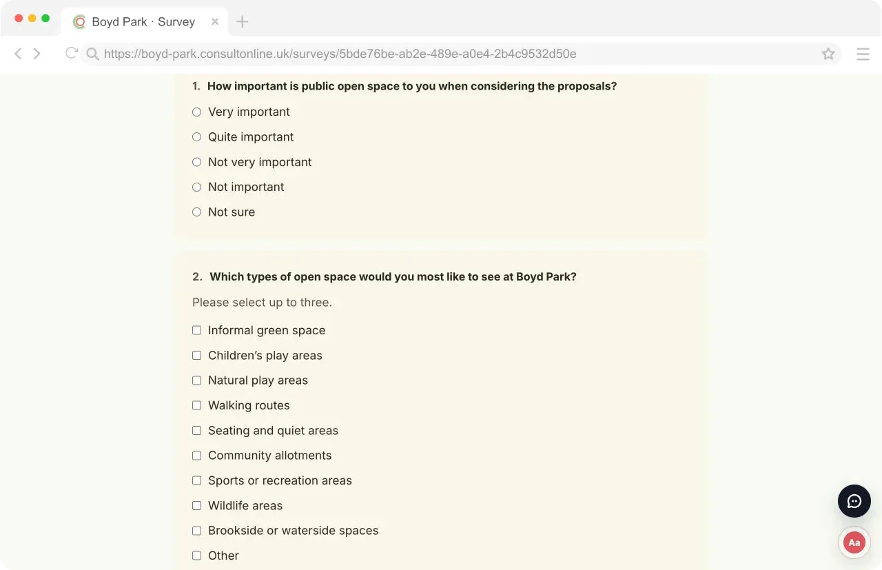 Detailed survey with consultation questions and response controls