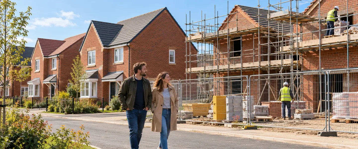 A new-build housing site with scaffolding next to finished homes, under a clear sky